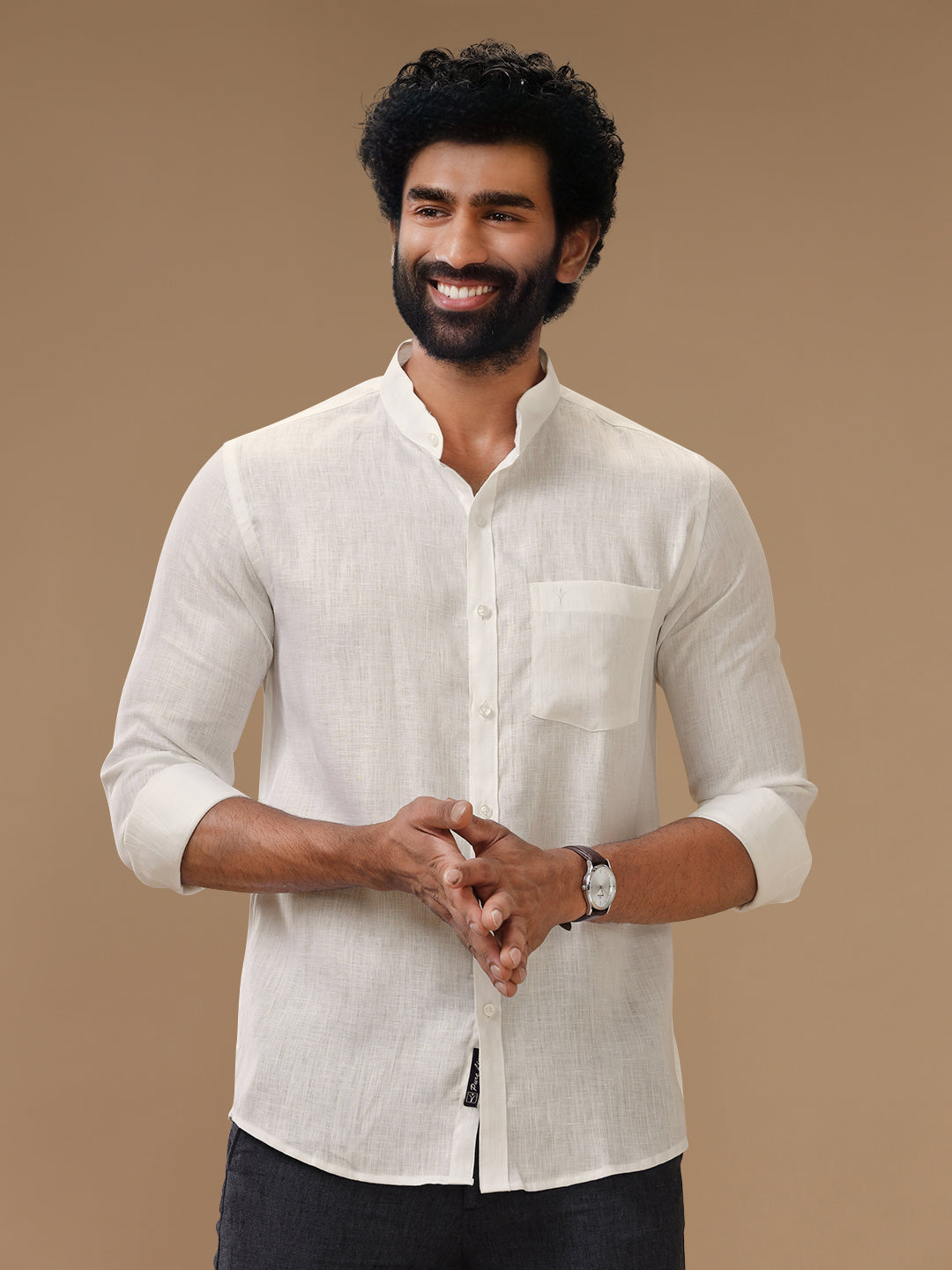 Men Pure Linen Chinese Collar Cream Shirt 5605C