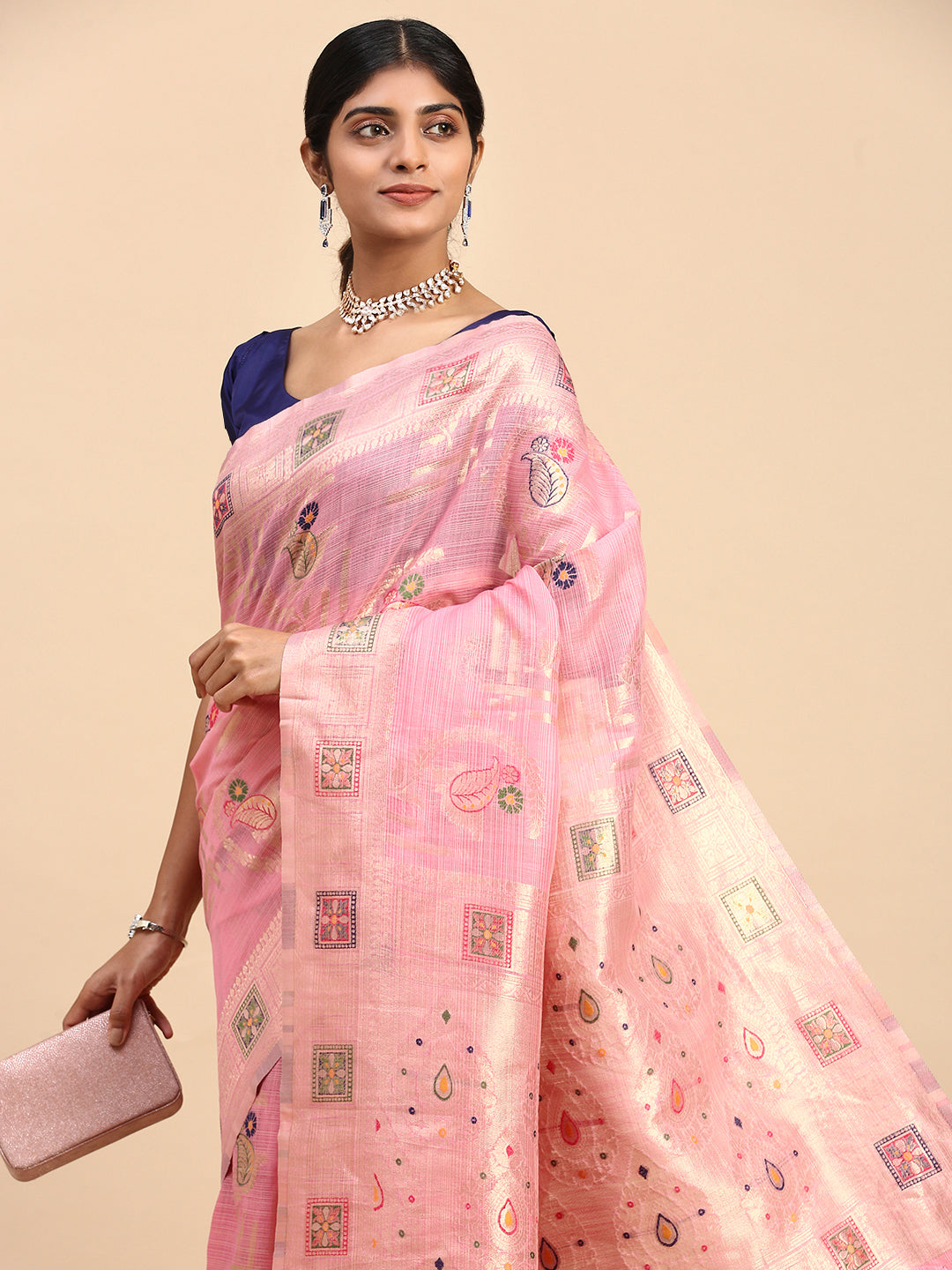 Women Semi Linen Printed Saree Pink SL168