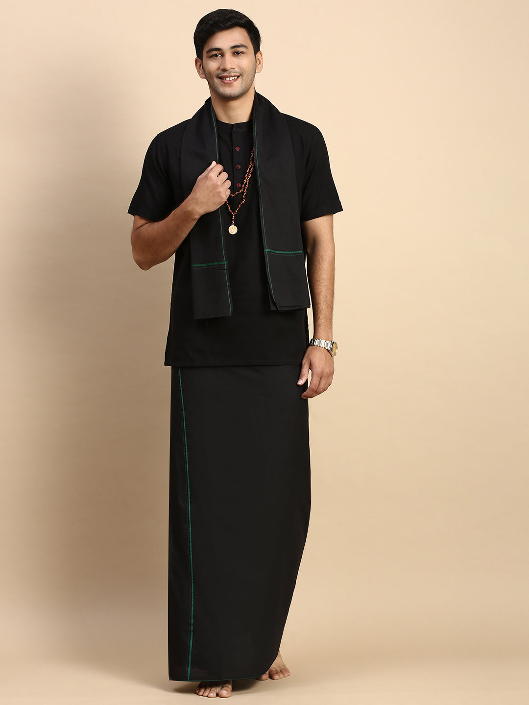 Men Devotional Small Border Dhoti with Towel & Kurta Set Black PB17