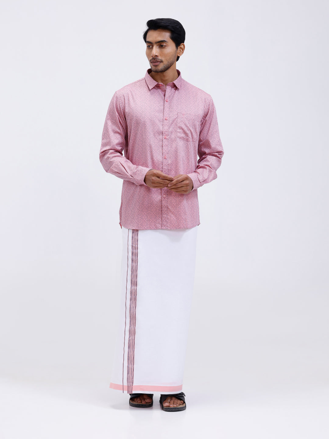 Men Soft Pink Matching Border Dhoti With Printed Shirt Set Fusion PS16