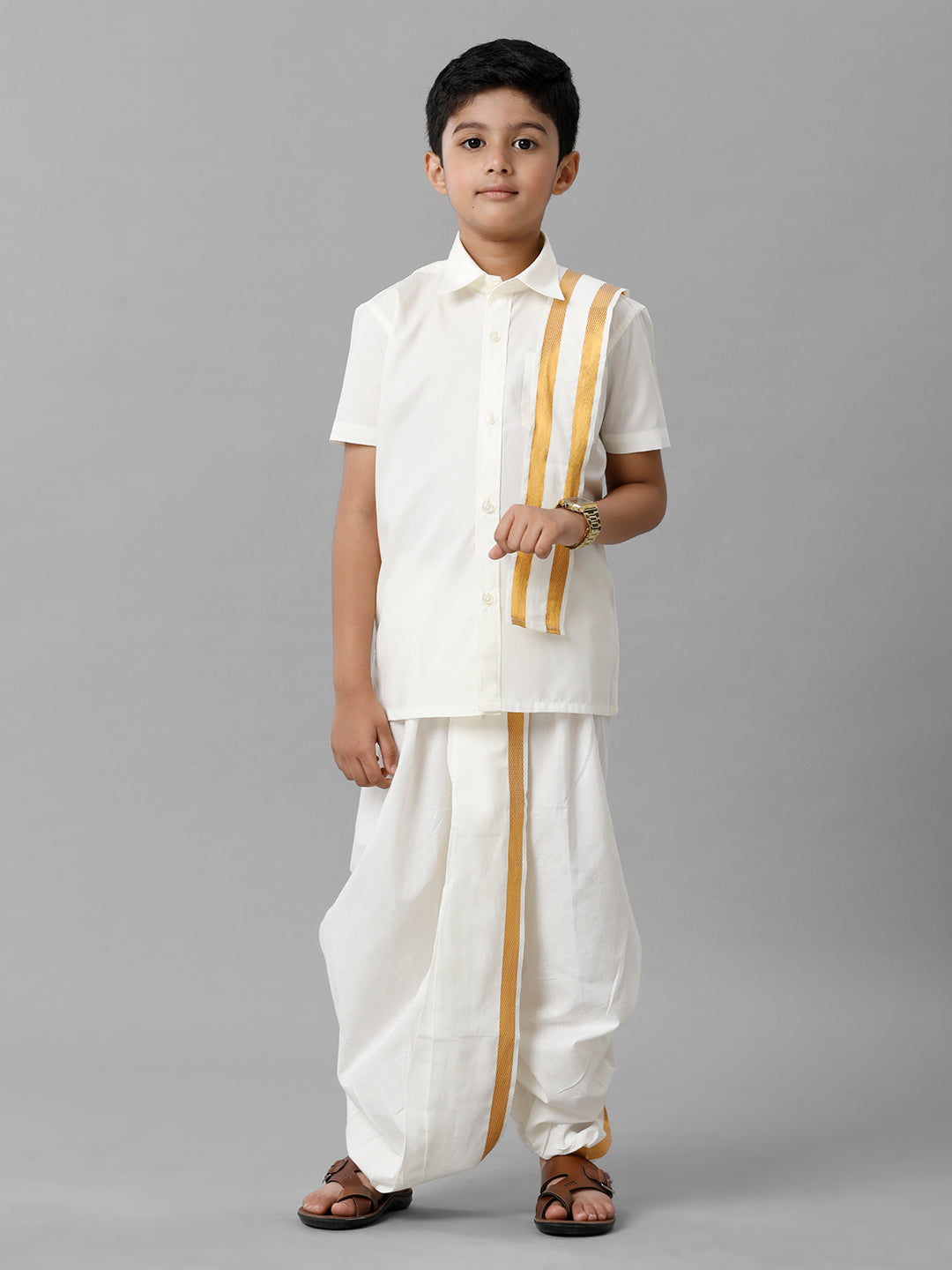 Boys Cotton Cream Half Sleeves Shirt Panchakacham Towel Combo-Front view