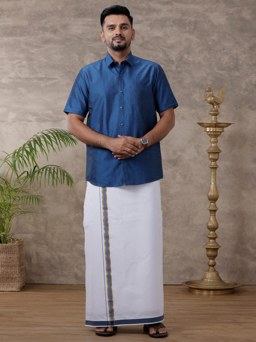 Men Matching Jari Border Dhoti & Half Sleeves Shirt Set VB9