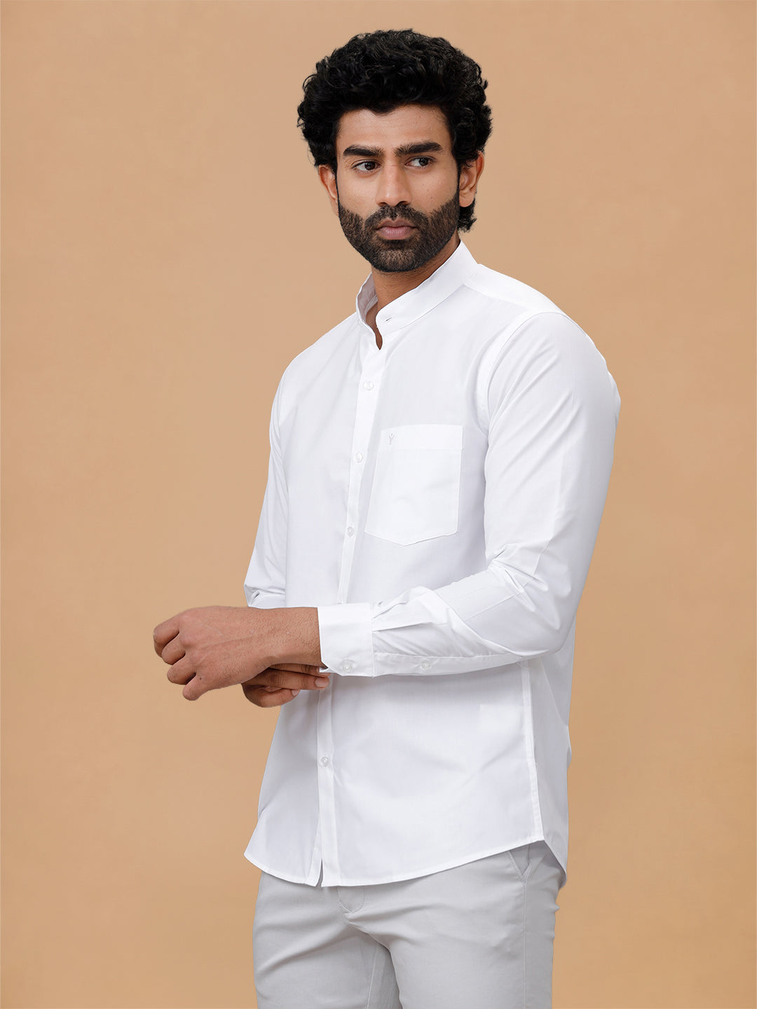 Chinese Collar Cotton White Shirt – Aura | Smart Fit