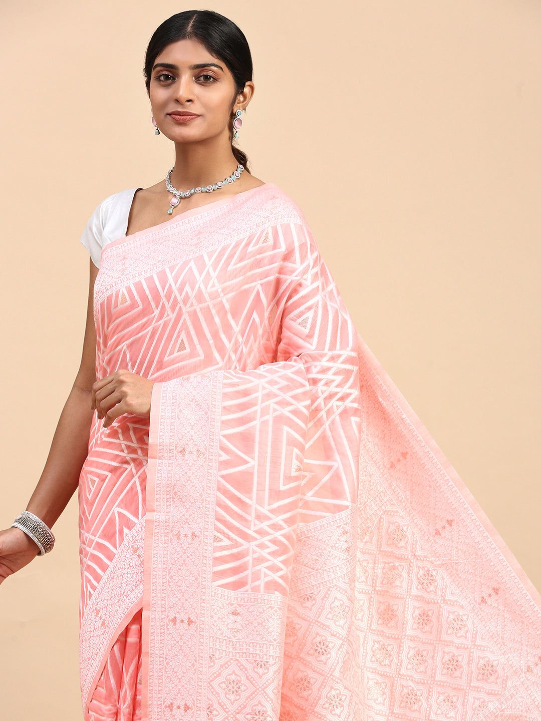 Women Semi Cotton Printed Saree Pink SCS109