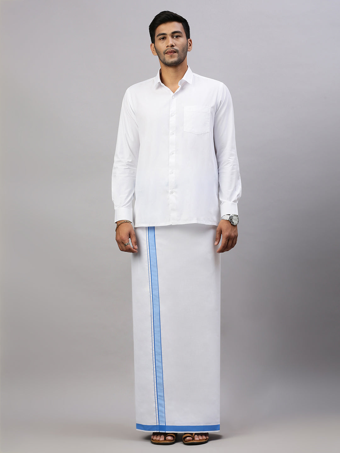 Mens White Shirt with Blue Border Single Layer Dhoti Combo WP05