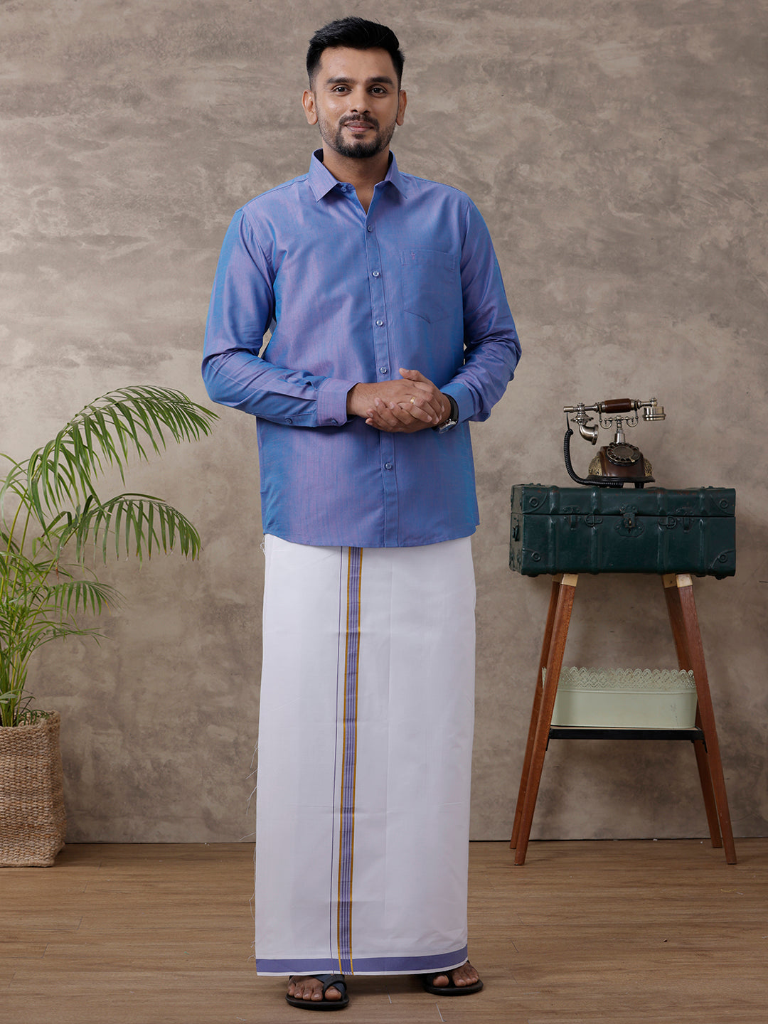 Men Matching Jari Border Dhoti & Full Sleeves Shirt Set Blue VB5