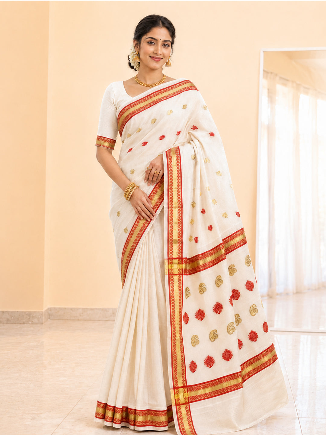 Women Kerala Embroidered Cream Saree KLS08