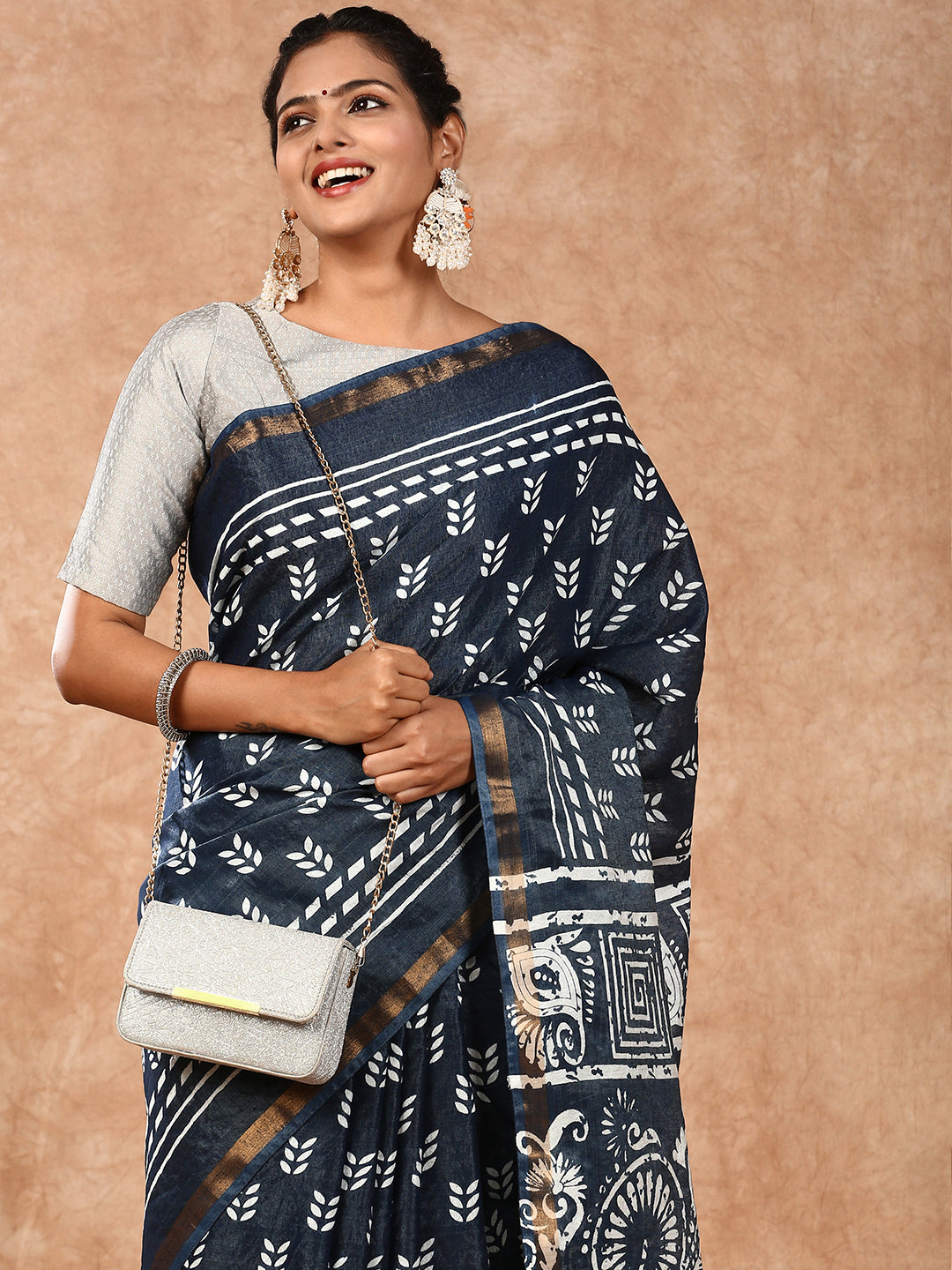 Women Semi Tussar Printed Saree Blue ST146