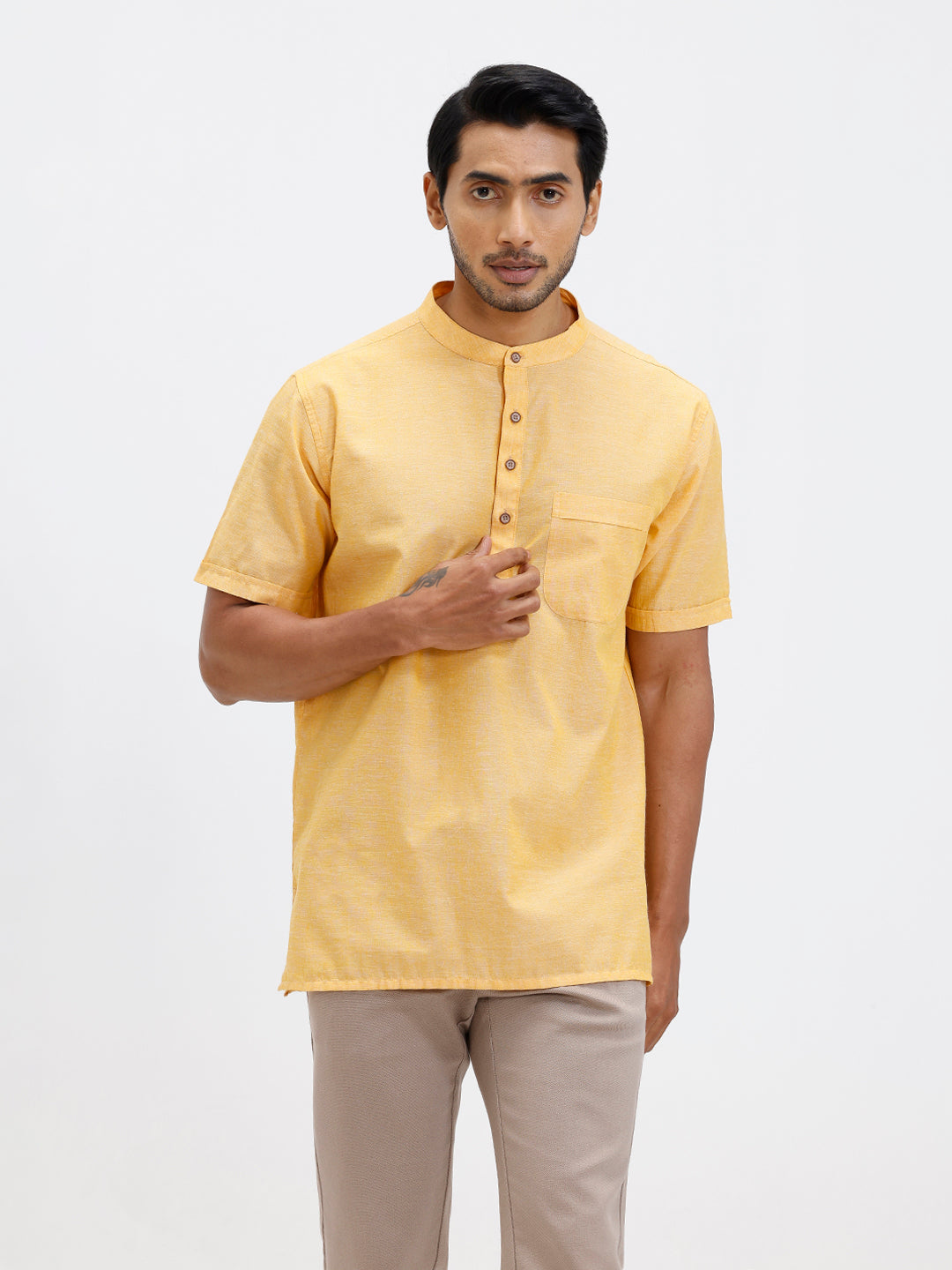 Men Cotton Short Length Plain Pocket Kurta Pale Orange PC31