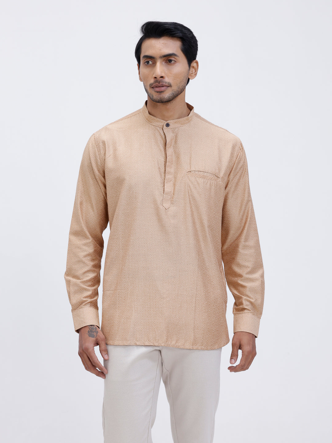 Men Cotton Short Length Printed Pocket Kurta Khaki Beige RL18