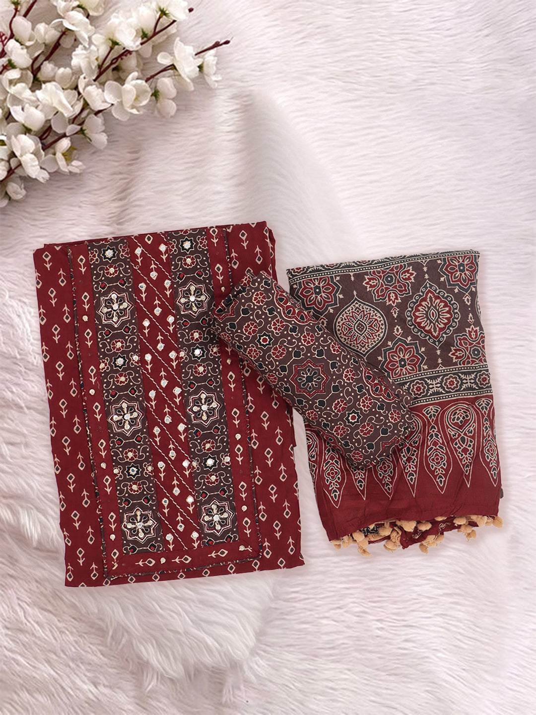 Women Pure Cotton Printed Dress Material Maroon DM347