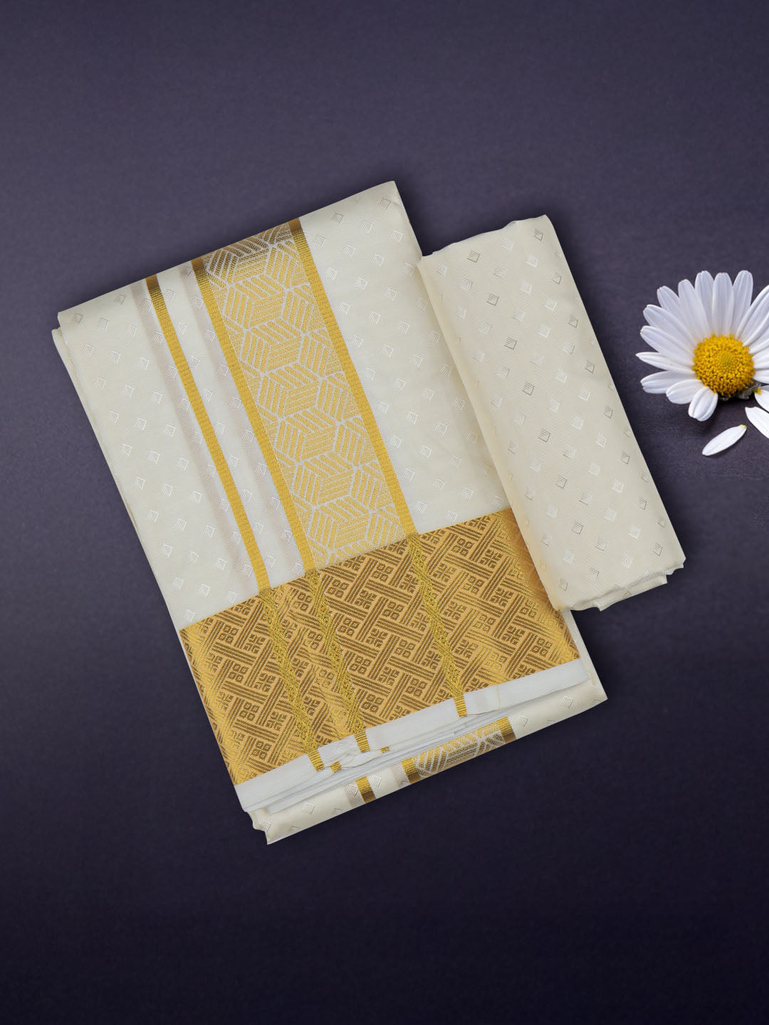 Men Art Silk Dhoti & Shirting Set Cream Mangalakara 140k (2 in 1) M32