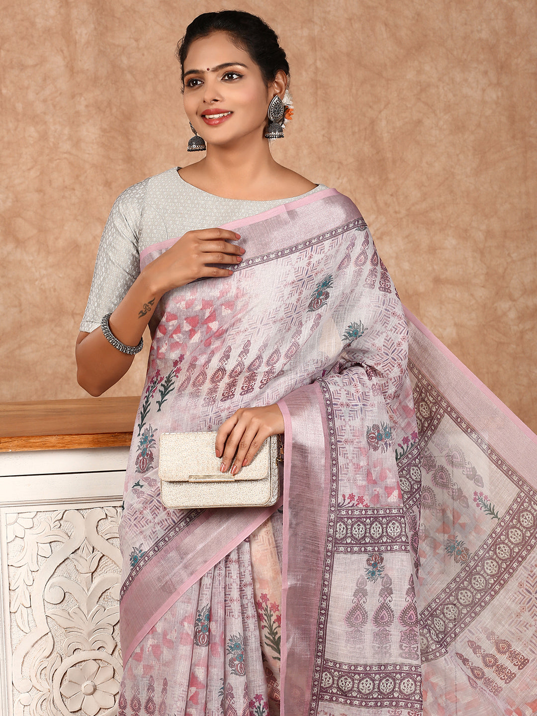 Women Semi Linen Saree Purple SL121