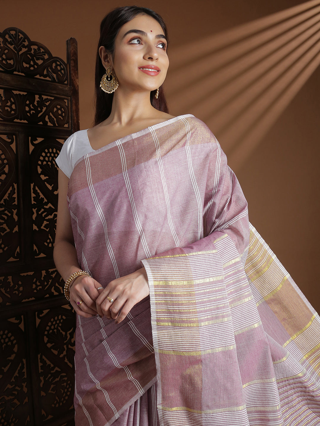 Women Purple Striped Cotton Jute Saree CJ10