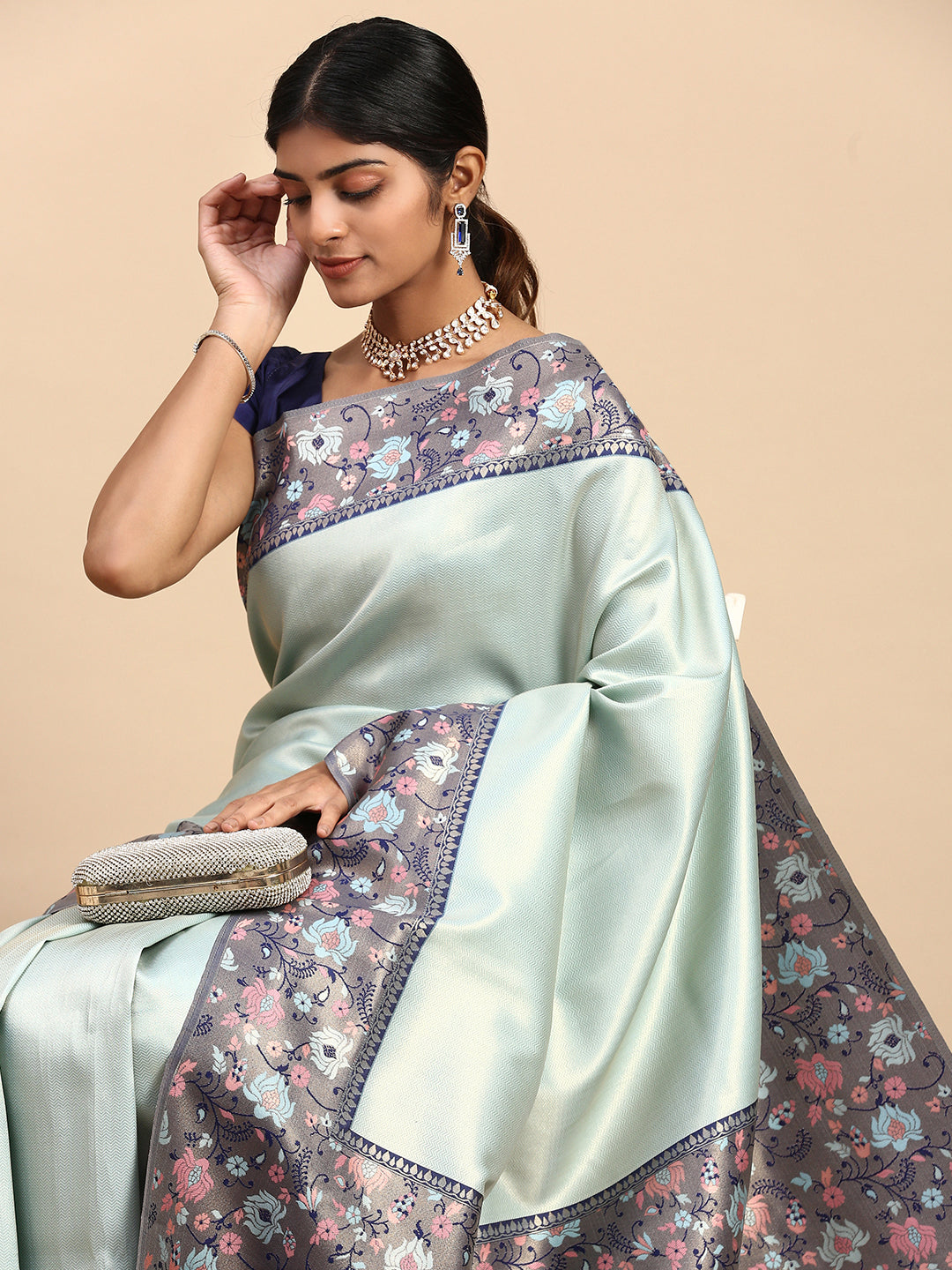 Women Semi Silk Tissue Weaving Saree Blue SS275