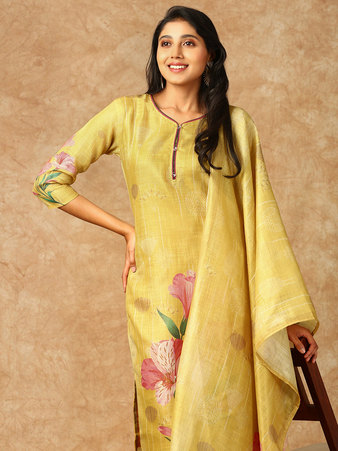 Women Tissue Printed Kurti Set Yellow EKS36