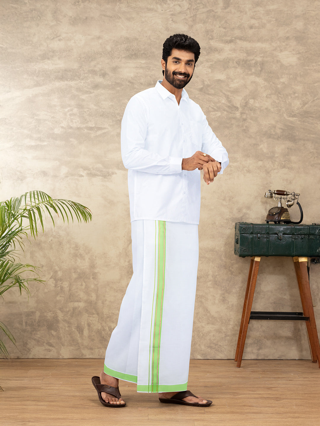 Men Cotton Blend Readymade Single Layer White Dhoti with Fancy Jari Border GACJ40