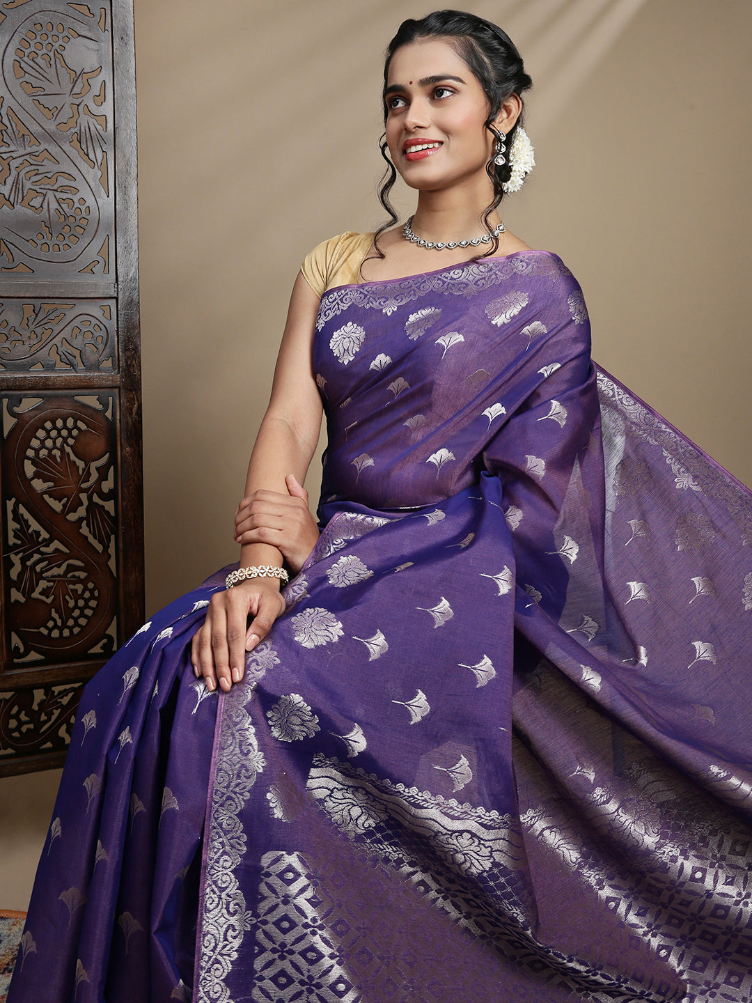 Women Lavender Kora Cotton Saree SK101