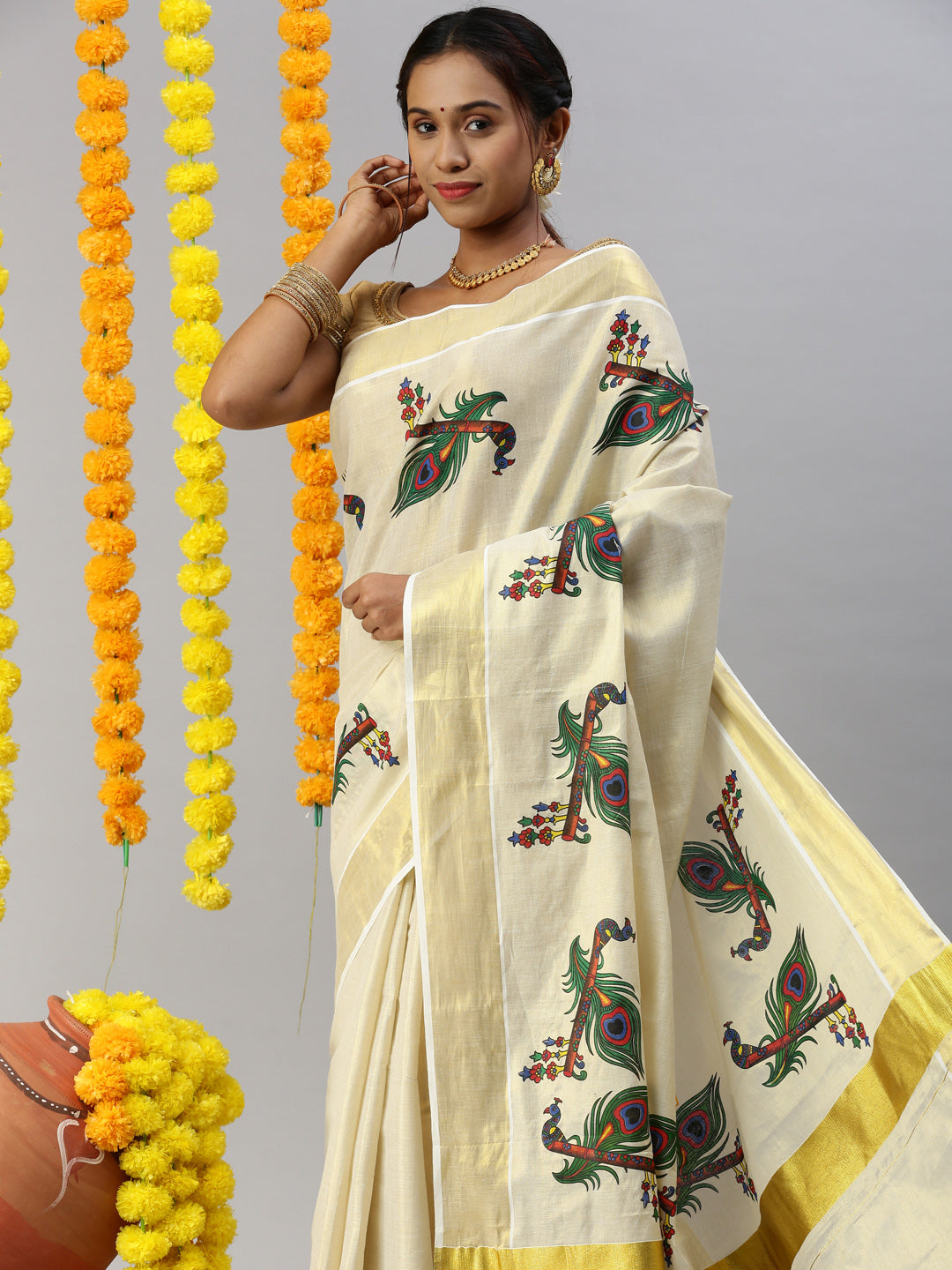 Womens Kerala Tissue Peacock & Flute Printed Gold Jari Border Saree OKS36-Side view