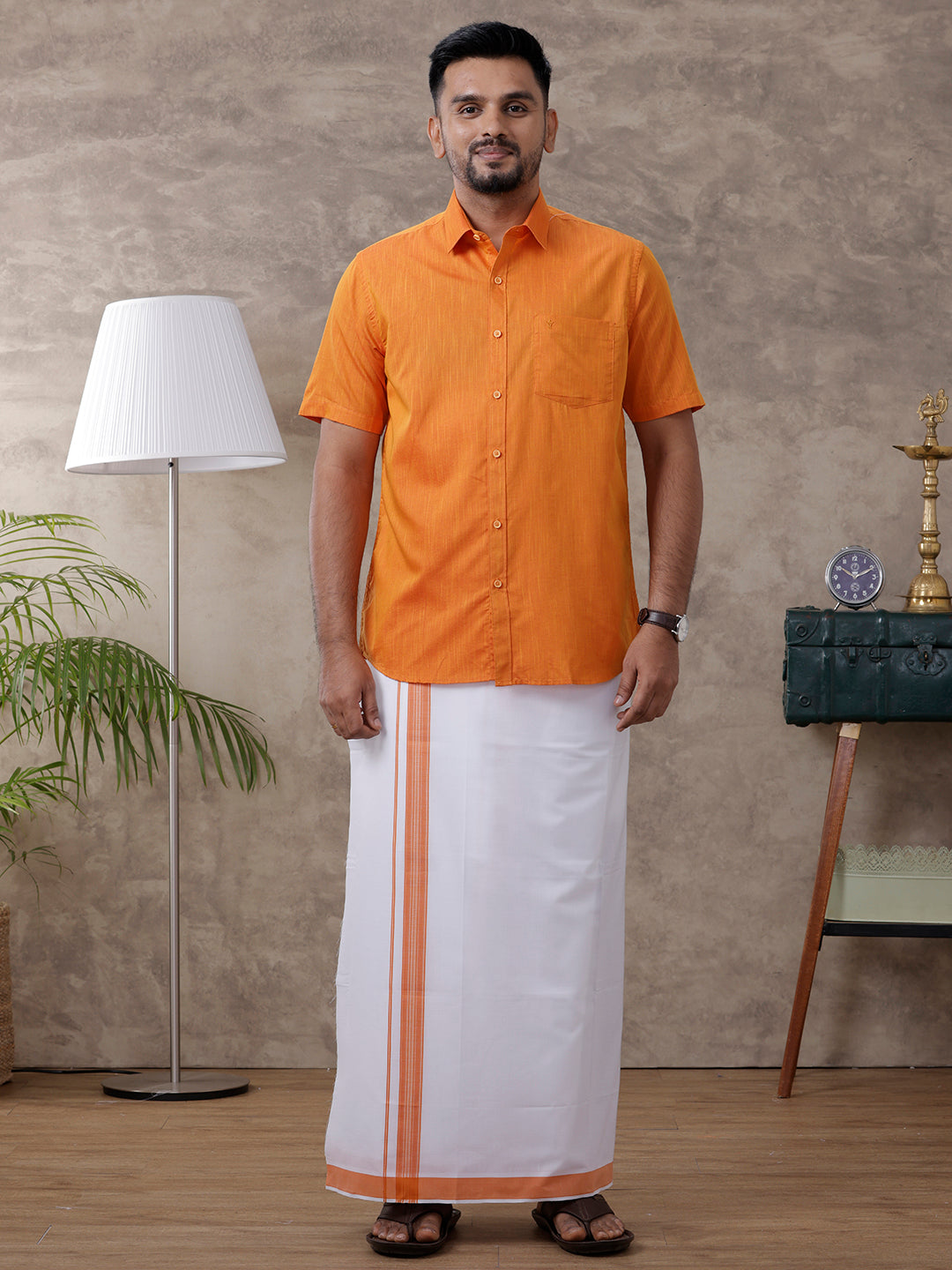 Men Orange Matching Border Dhoti & Half Sleeves Shirt Set Evolution IC1