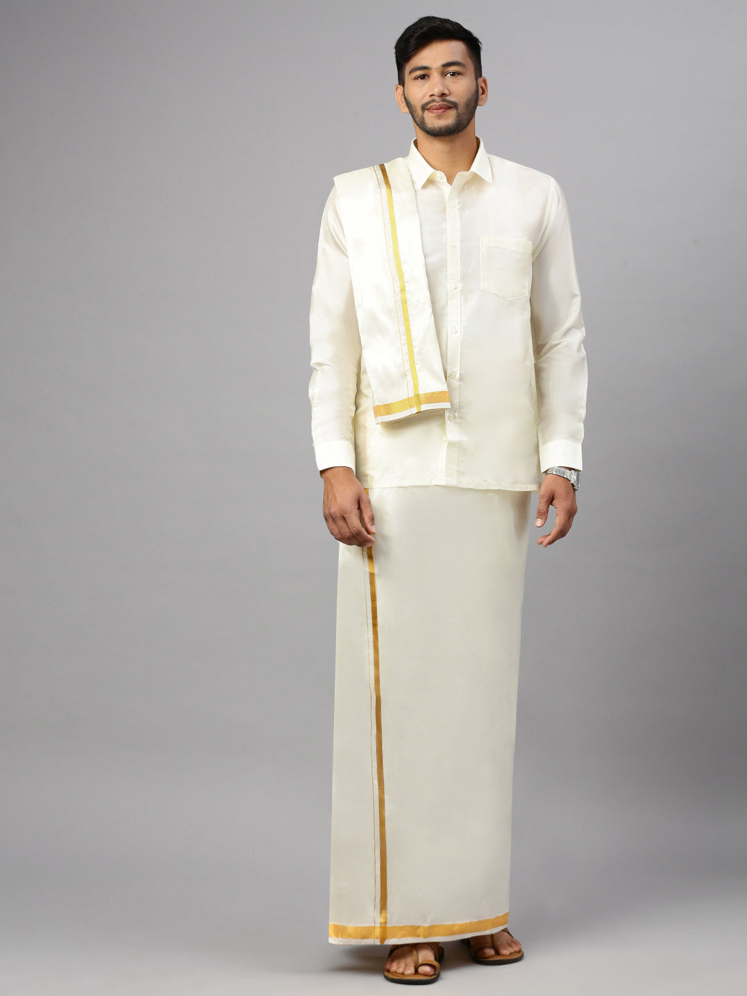 Mens Cream Art Silk Full Sleeves Shirt, Readymade Double Dhoti & Towel Combo