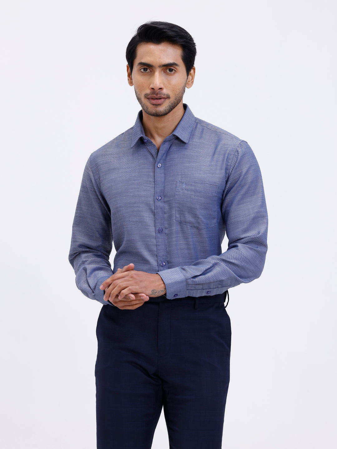 Men Cotton Rich Full Sleeve Shirt Blue Dobby T59 AIT1