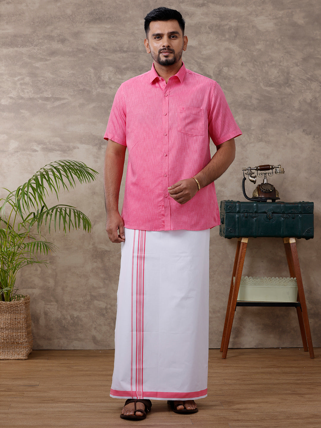 Men Matching Border Dhoti & Half Sleeves Shirt Set Pink C34