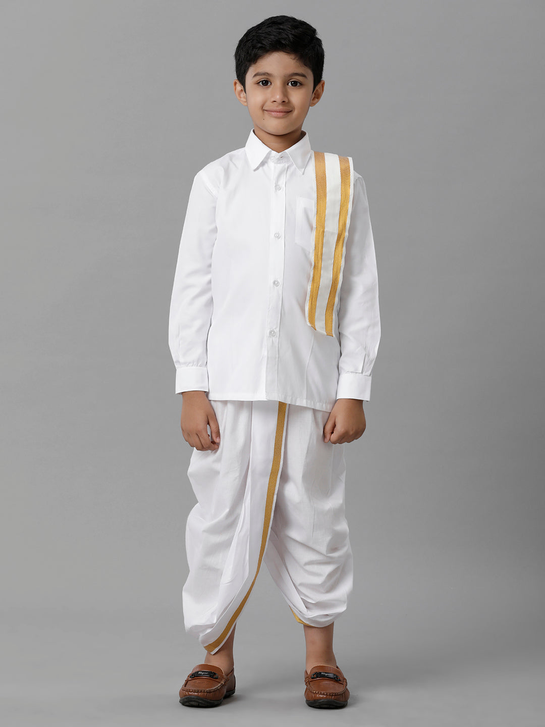 Boys Cotton White Full Sleeves Shirt Panchakacham Towel Combo