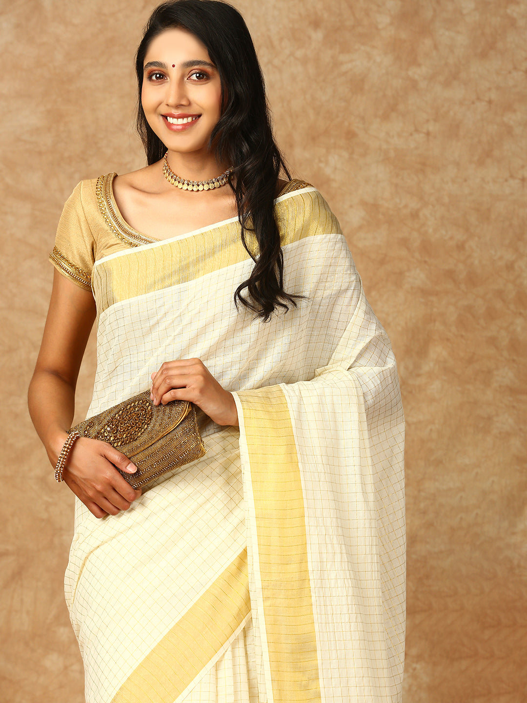 Women Kerala Cream Checked Saree KS139