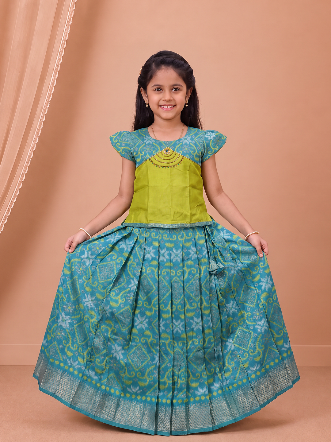 Girls Art Silk Lime Green Pattu Pavadai Set GPS84