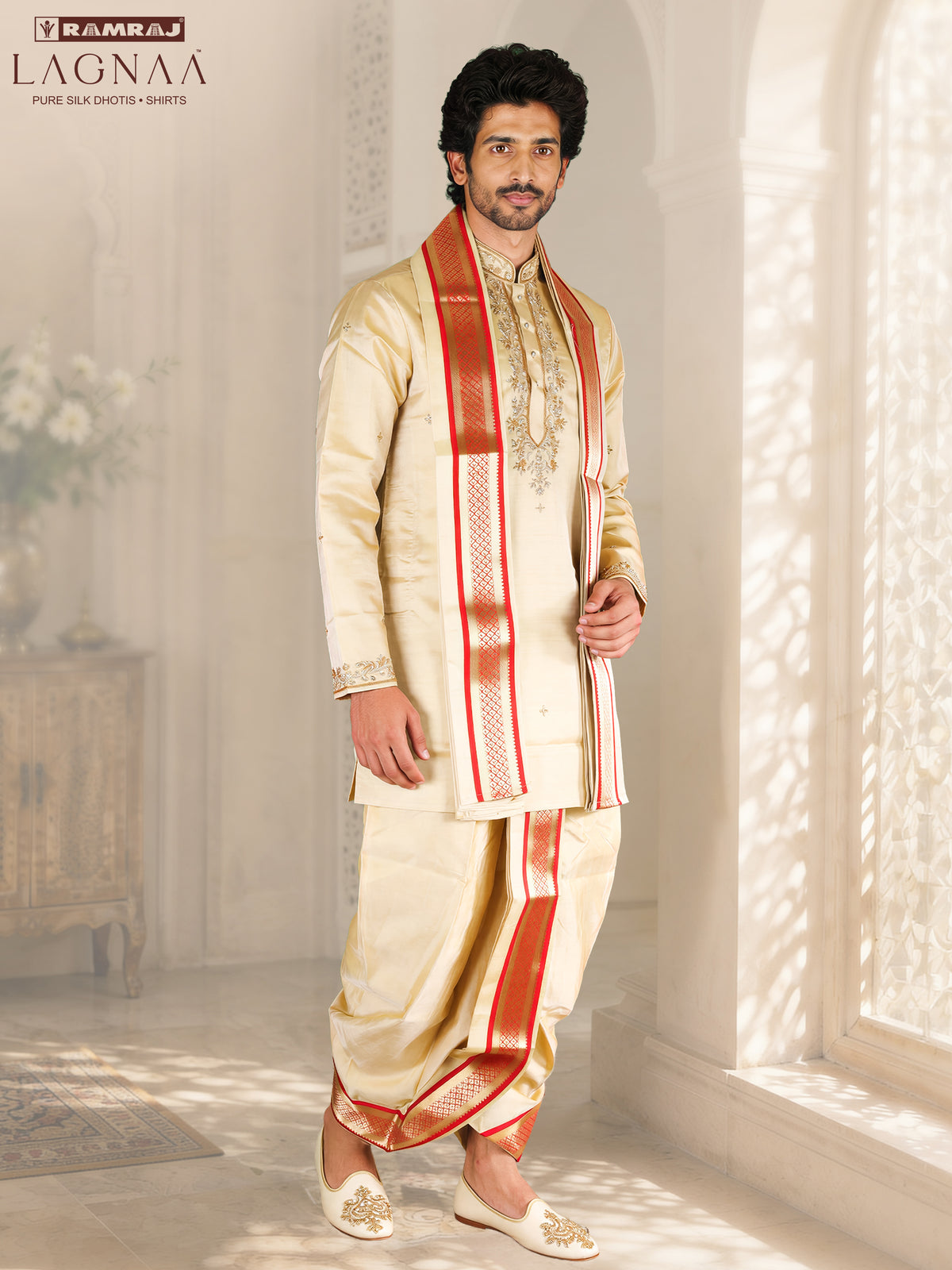 LAGNAA Premium Pure Tussar Silk Hand Embroidered Lotus Motifs Kurta, Panchakacham & Angavastram with Banaras Border| Mangala Varnam