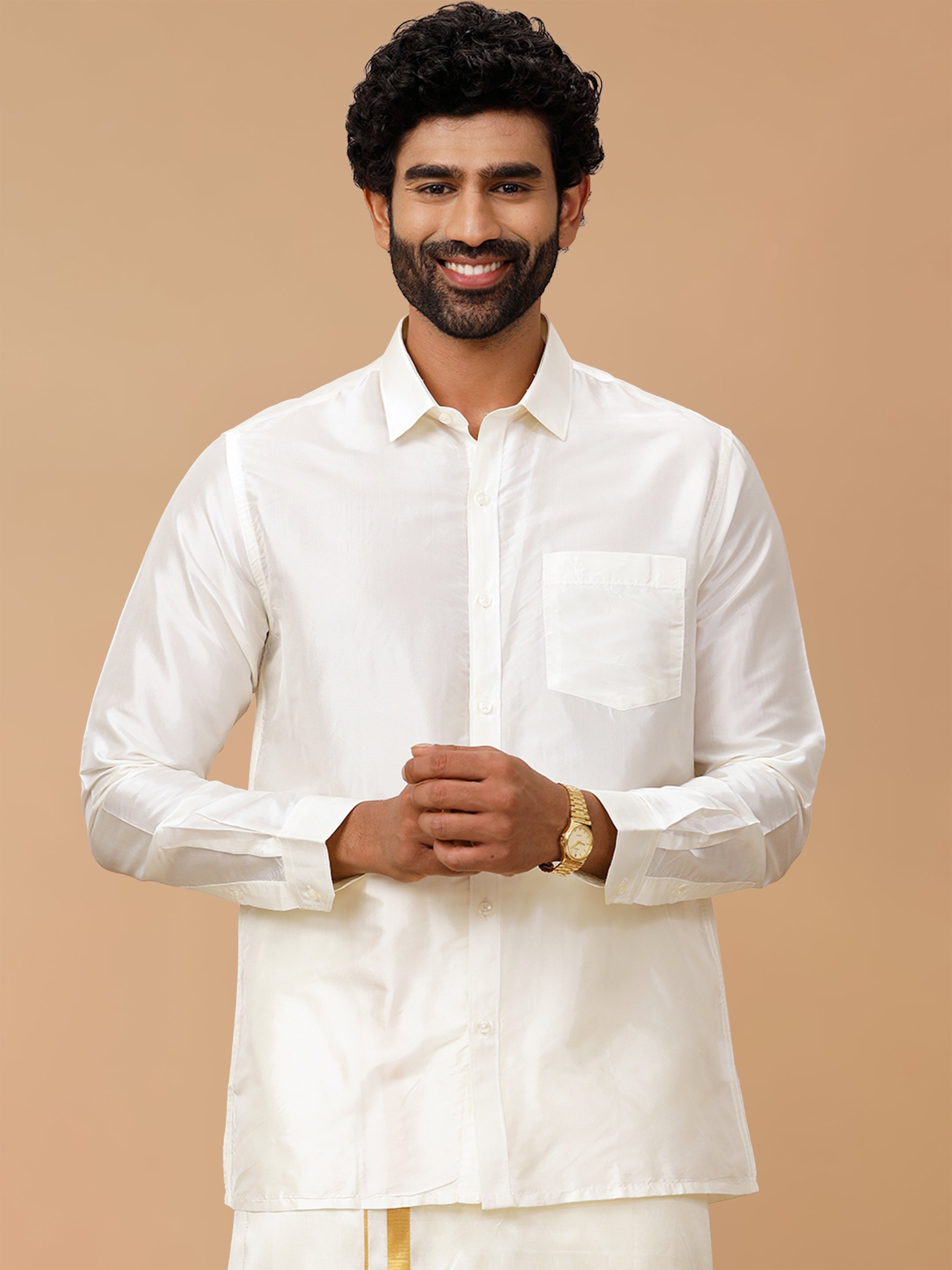 Pure Silk Cream Regular Fit Shirt