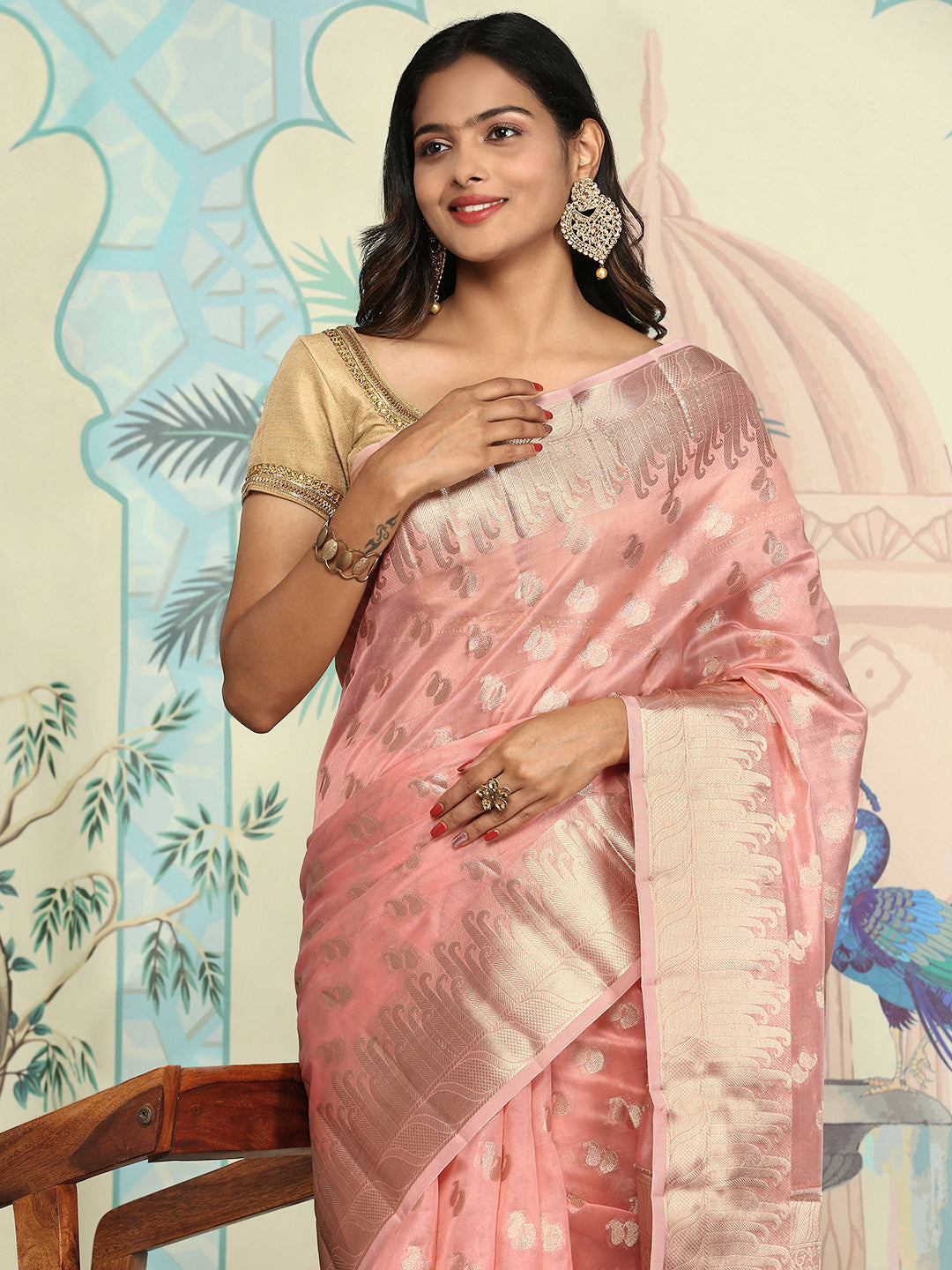 Women Semi Orgenza Weaving Saree Peach SOS14