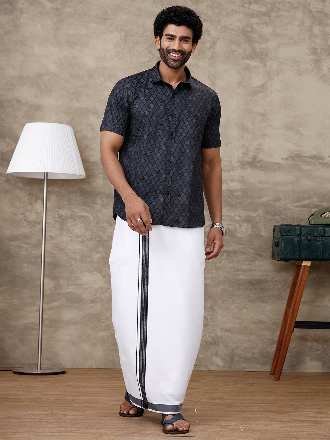 Men Black Matching Border Dhoti With Printed Shirt Set Fusion PS6