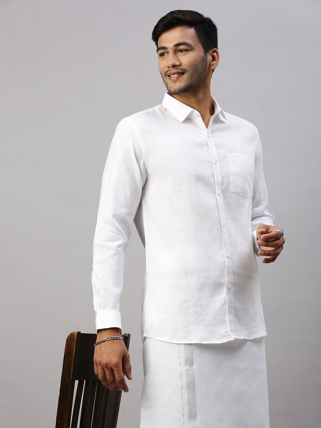 Men Pure Linen White Shirt with Double Layer Dhoti Combo 5445