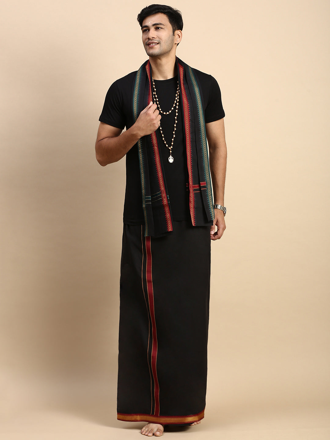 Men Devotional Mayilkhan Border Dhoti with Towel & TShirt Set Black ET14