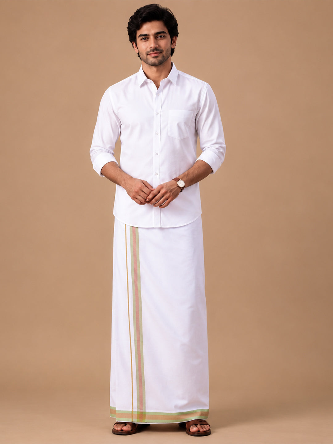 Men Premium Cotton Double Layer White Dhoti with Fancy Border LC30