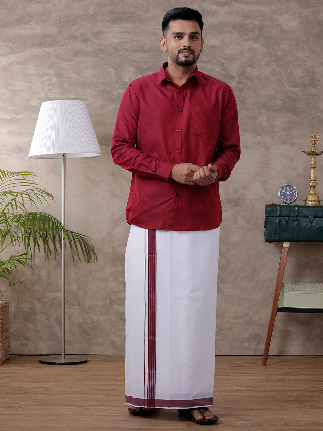 Men Maroon Matching Border Dhoti & Full Sleeves Shirt Set Evolution IC6