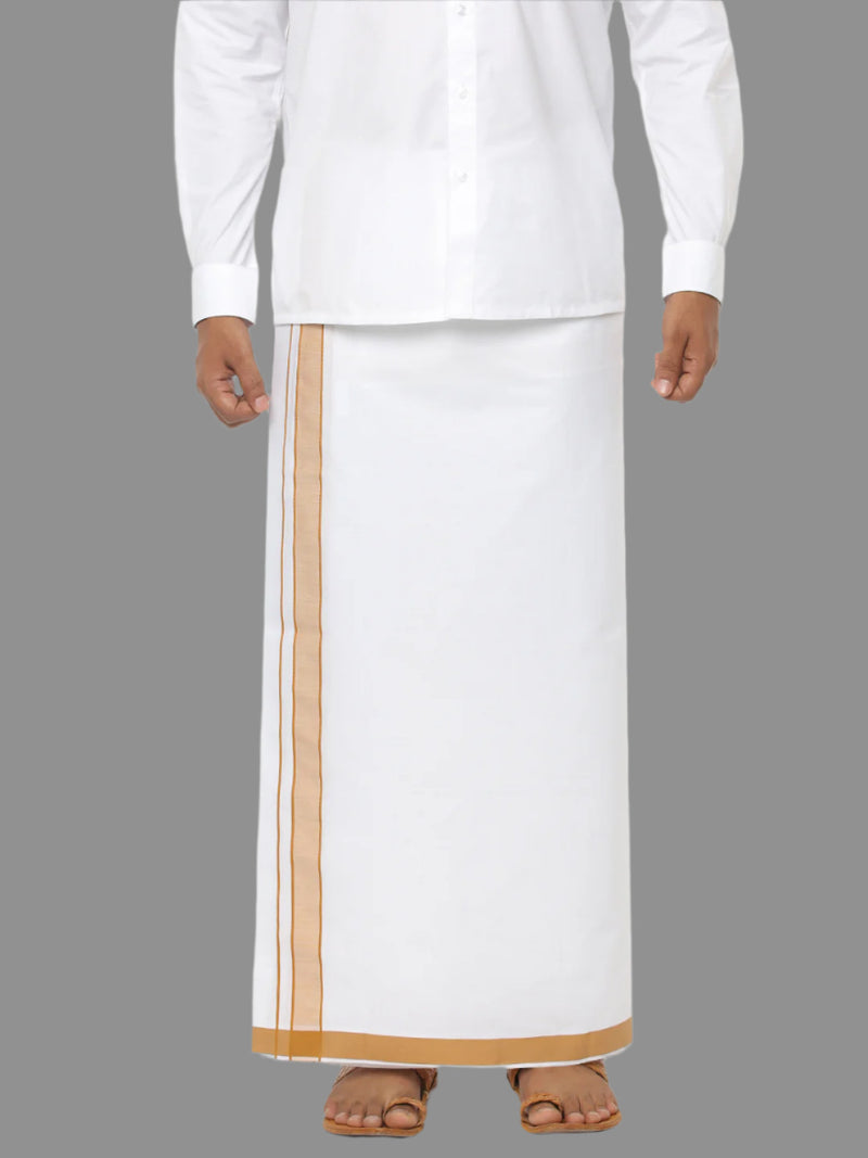 Mens Double Dhoti White with Plain Border Redfort Plain Mustard