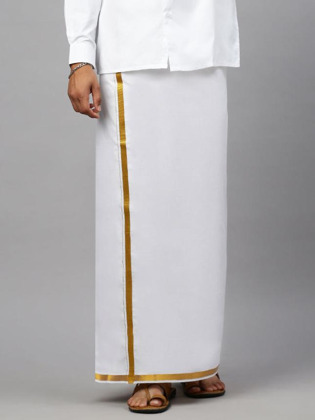 Men White Full Sleeves Shirt with 1'' inch Gold Jari Border Double Layer Dhoti Combo