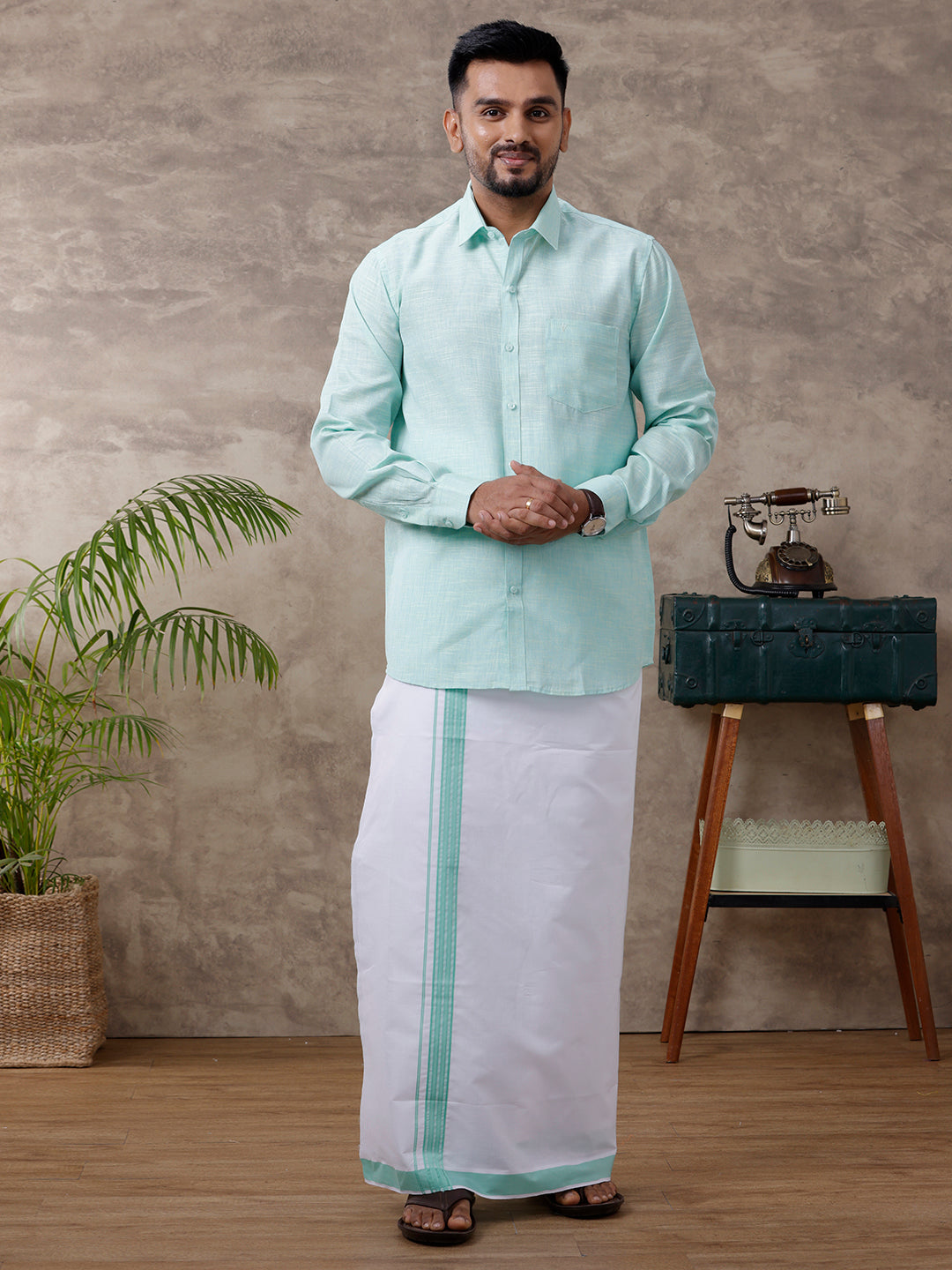 Men Matching Border Dhoti & Full Sleeves Shirt Set Light Pista Green C83