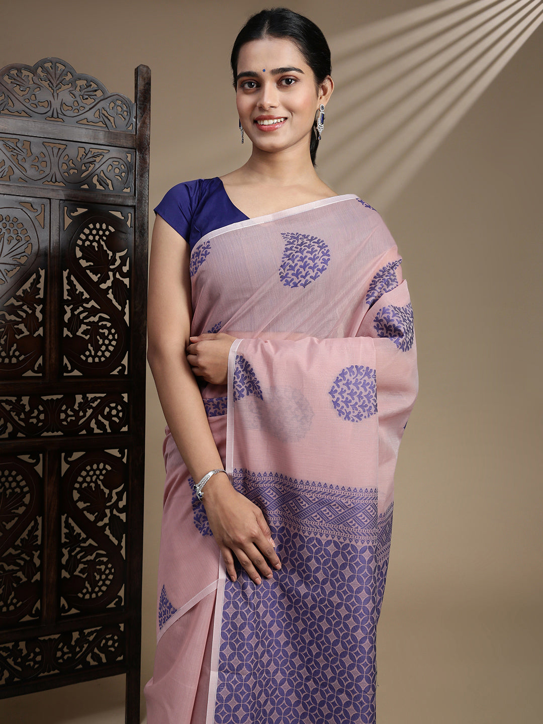 Women Kora Cotton Rose Pink Saree SK115