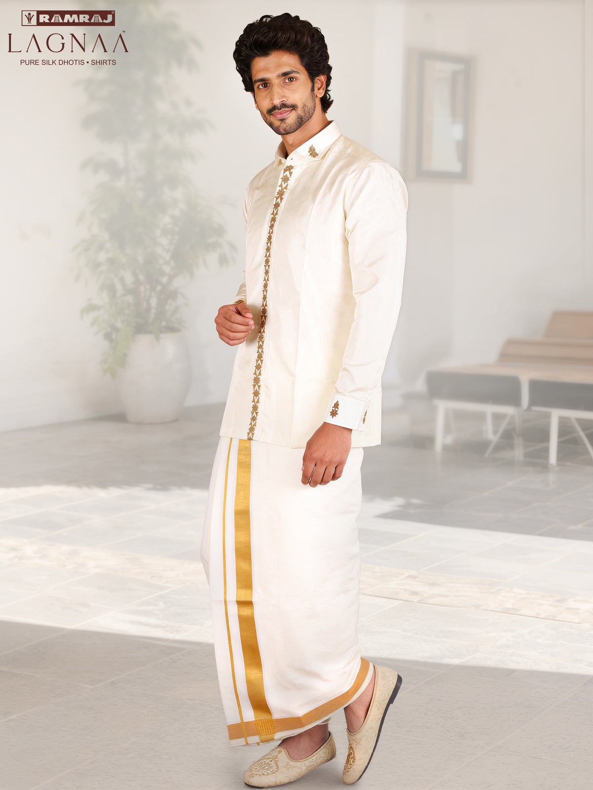 LAGNAA Premium Pure Tussar Silk Butterfly Hand Embroidered Designer Shirt & Dhoti Set with Jari Dozi Work on Collar & Cuffs | Vyoma Vaibhavam