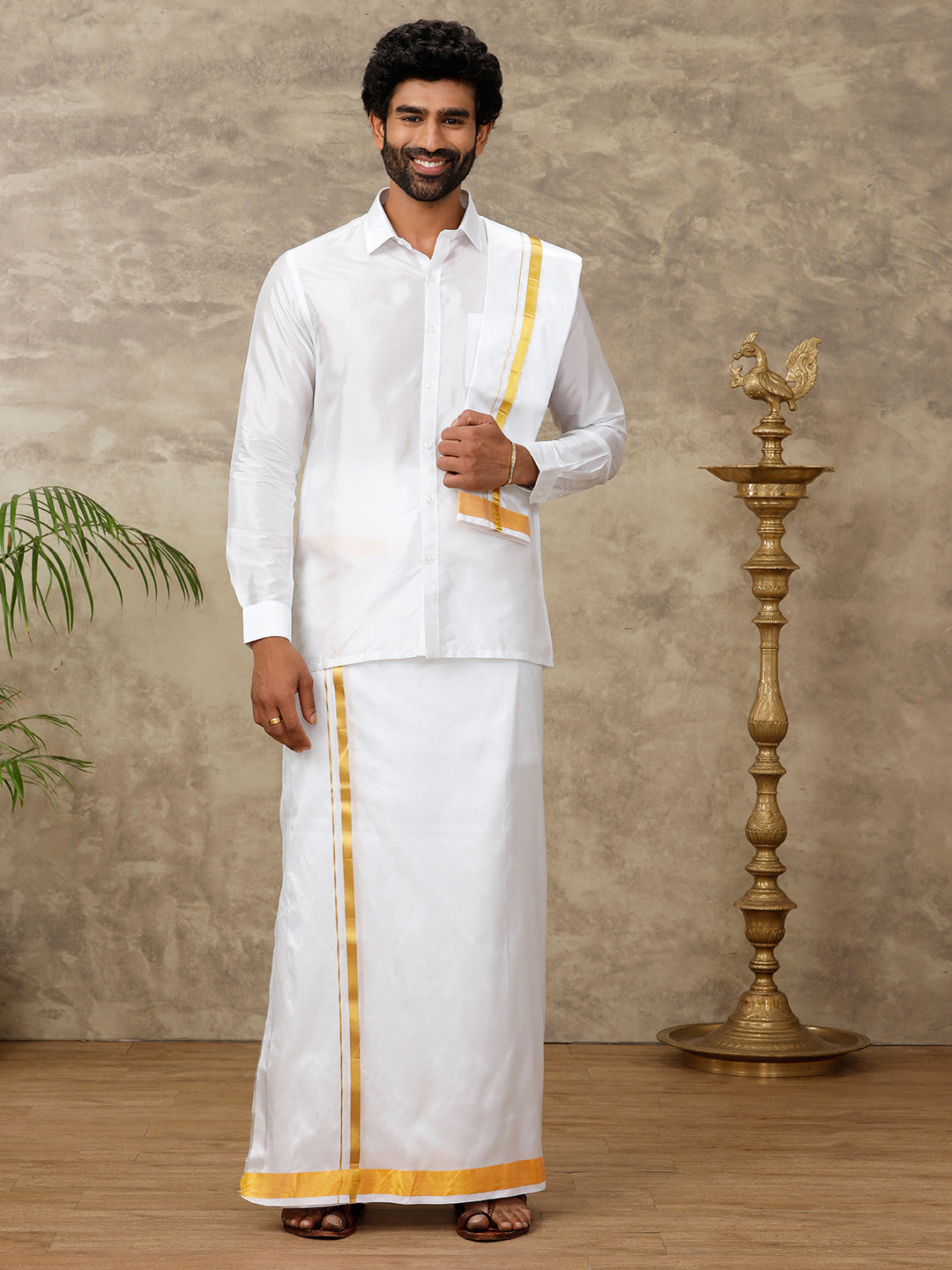 Men Silk White with 1 1/2" inch Dhoti Shirt & Towel Set Subha Vaibhavaa