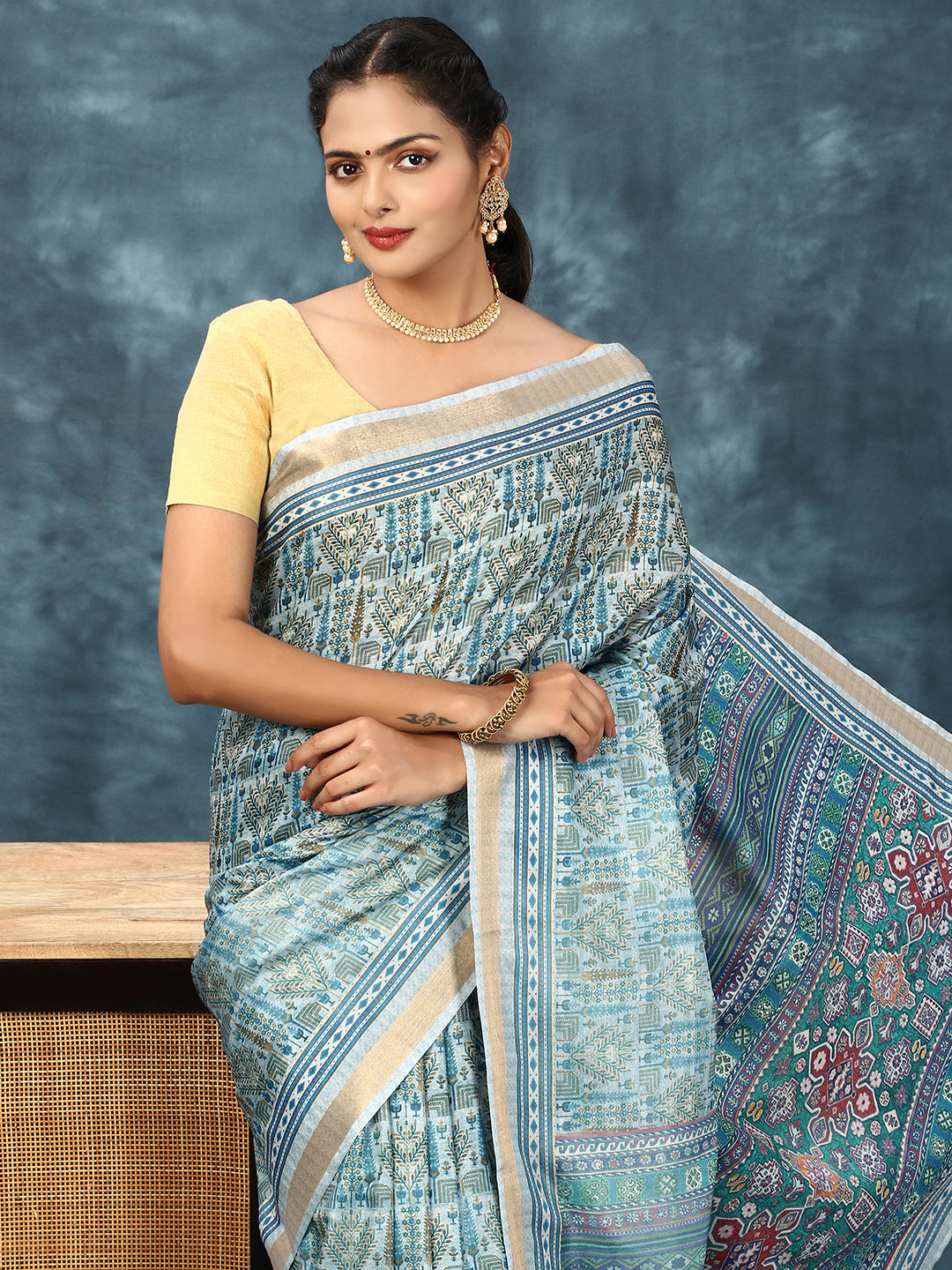 Women Semi Silk Print Saree Blue SS185