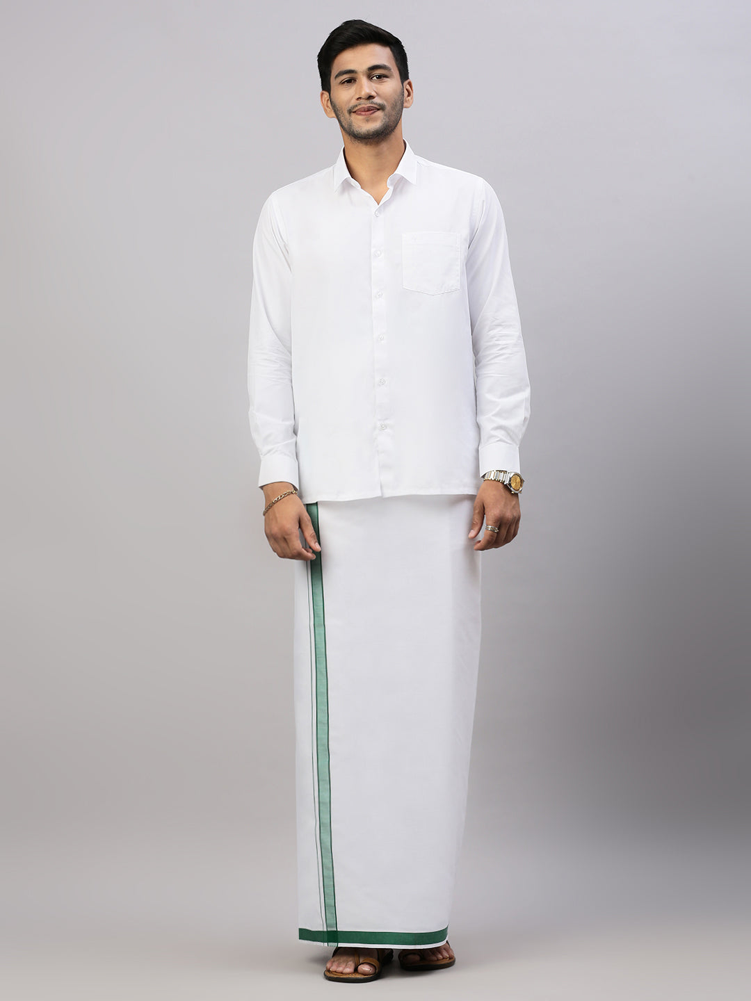 Men White Shirt with Green Fancy Border Dhoti Combo WP01