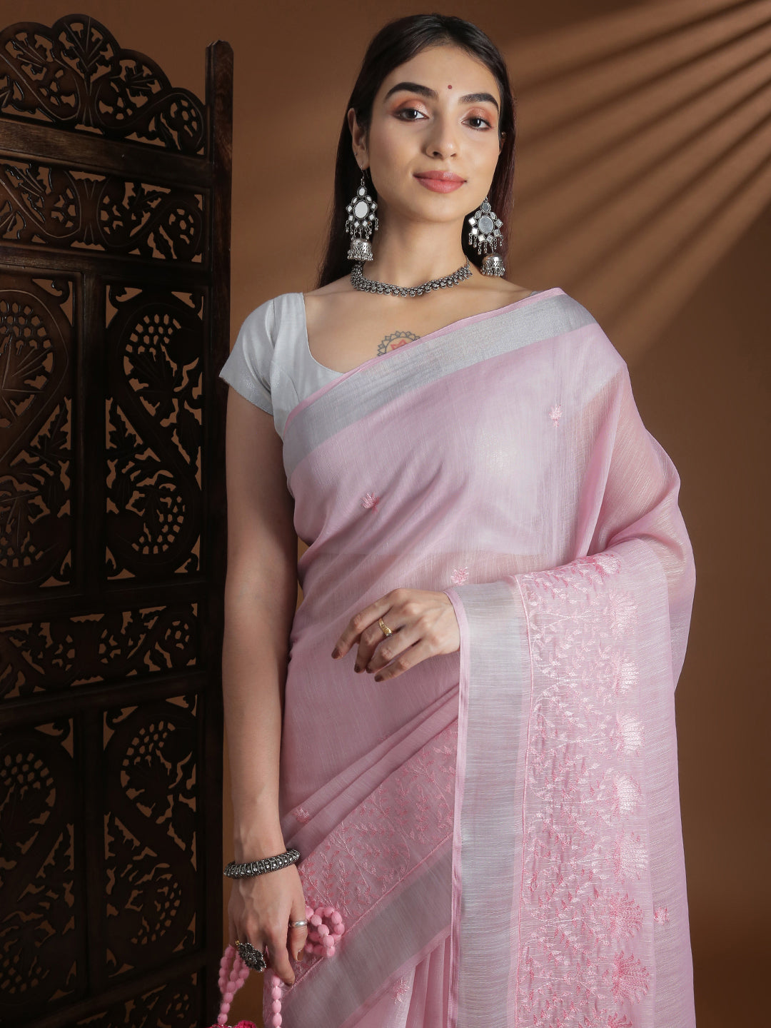 Women Pink Semi Linen Embroidered Saree SL241