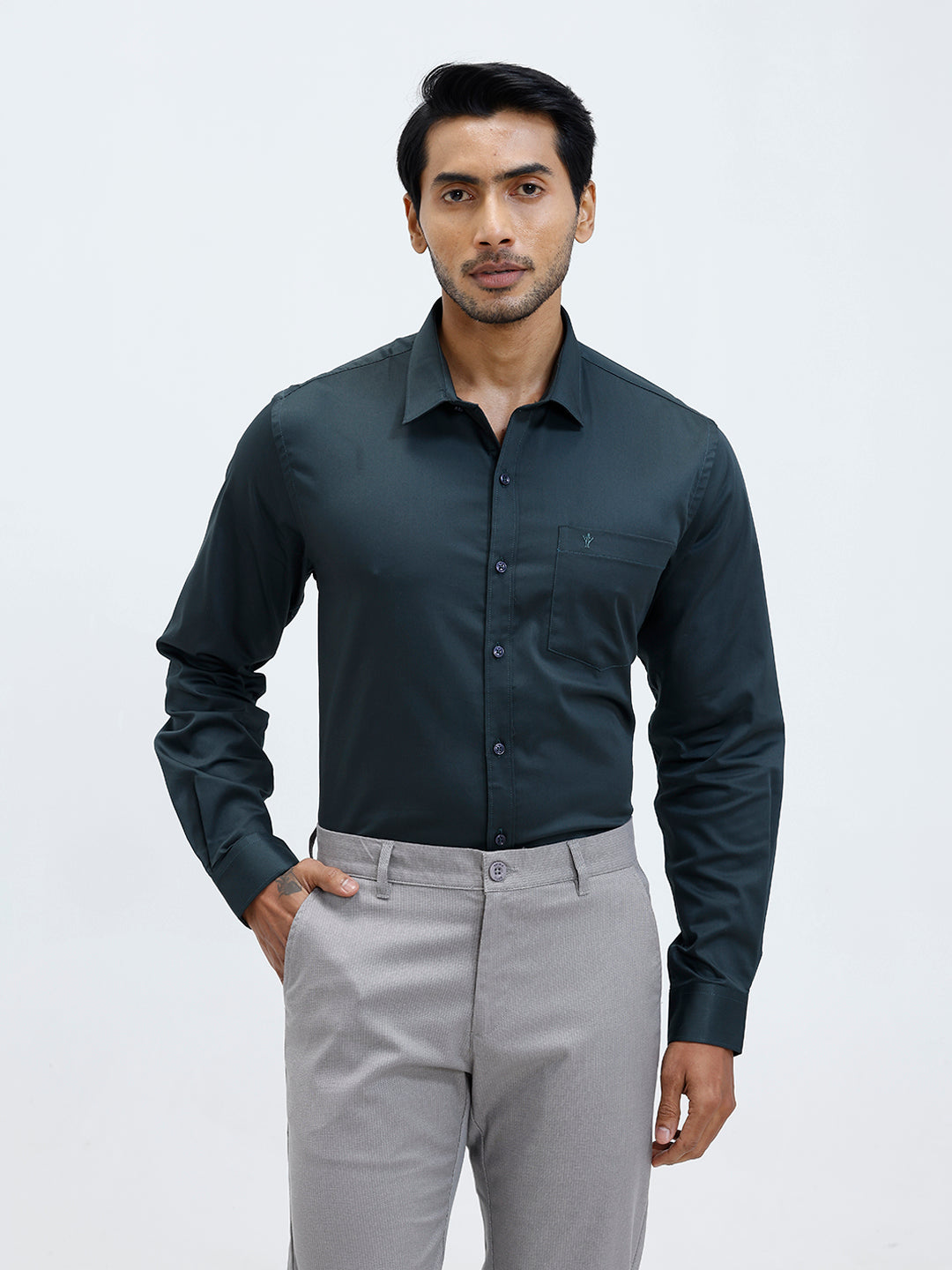 Men Cotton Blend Shirt Dark Green T53 ACT2