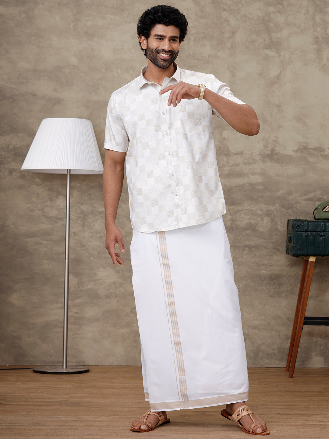 Men Cream Matching Border Dhoti With Printed Shirt Set Fusion PS1