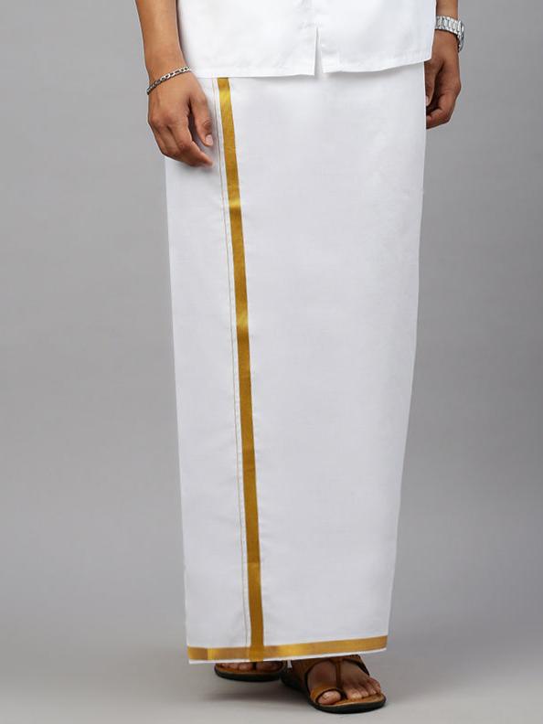 Men Adjustable Single Dhoti White with Gold Jari Border RSD1051ADJ